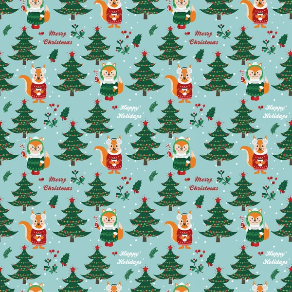 Seamless pattern with forest animals and Christmas items — Stock Vector