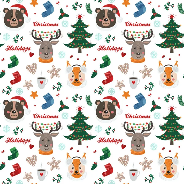 Nahtloses Muster Mit Waldtieren Und Weihnachtsartikeln Vektor Illustration Für Ihr — Stockvektor