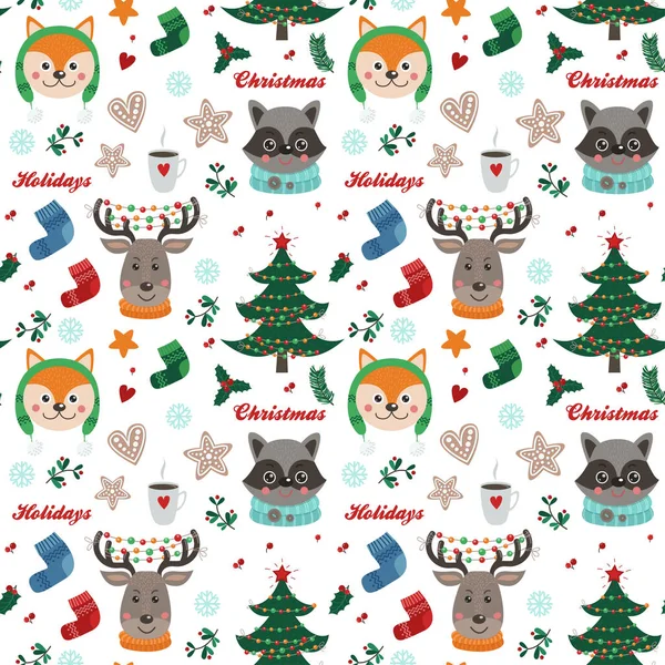 Seamless pattern with forest animals and Christmas items — Stock Vector