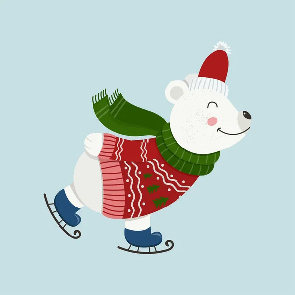 Oso Blanco Lindo Aislado Viste Con Ropa Invierno Patinó Ilustración — Vector de stock