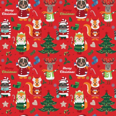 Orman hayvanları ve siyah arka plan üzerinde Noel öğeleri ile Seamless modeli. Vektör çizim tasarımınız için