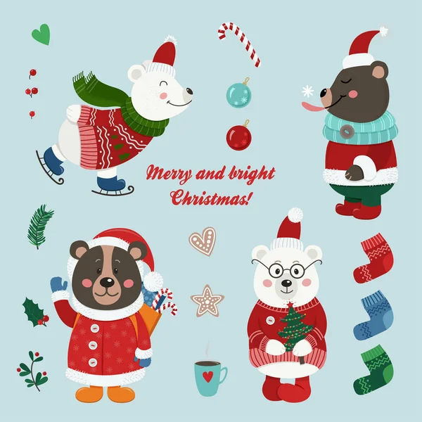 Set Crăciun Urși Drăguți Izolați Îmbrăcați Haine Iarnă Ilustrație Vectorială — Vector de stoc