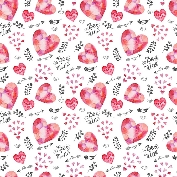 Akvarelu Vzor Bezešvé Valentines Růžové Srdce Šipky Větvičky — Stock fotografie