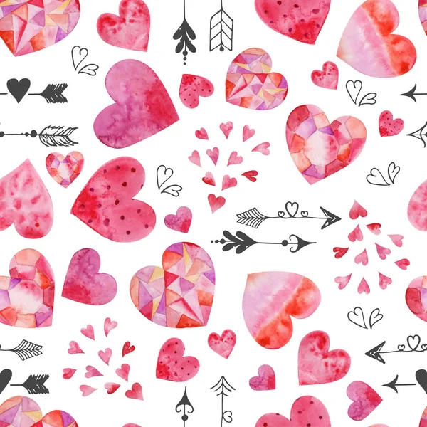 水彩情人节无缝图案与粉红色的心 — 图库照片