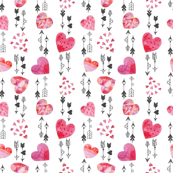 Padrão Sem Costura Aquarela Valentim Com Corações Cor Rosa Setas — Fotografia de Stock