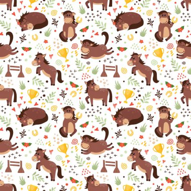 Vector seamless pattern with cute horses character in various positions. Vector illustration for your design
