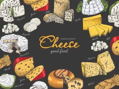 Vektör yatay arka plan kroki tarzı farklı renk peynir ile. Vektör çizim tasarımınız için