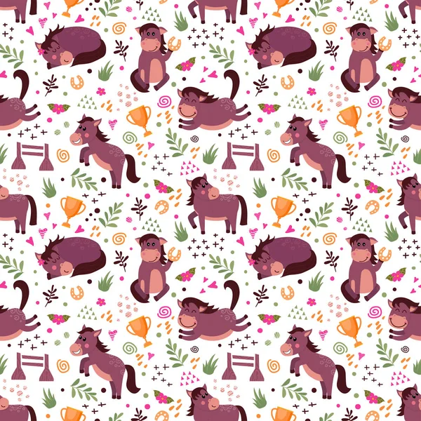 Vector Seamless Pattern Cute Horses Character Various Positions Vector Illustration — 图库矢量图片