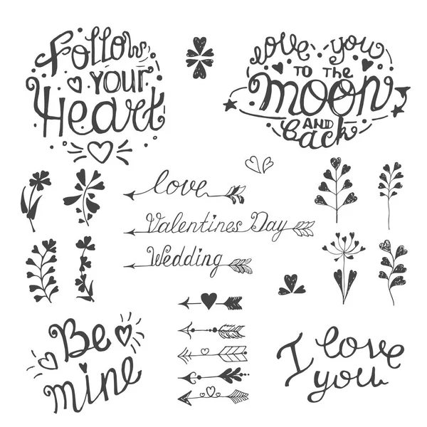 Coleção Dia Dos Namorados Vetorial Com Setas Galhos Letras Estilo — Vetor de Stock