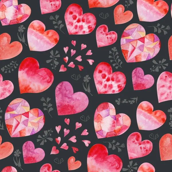 Aquarel Valentines Naadloze Patroon Met Roze Hartjes Twijgen — Stockfoto