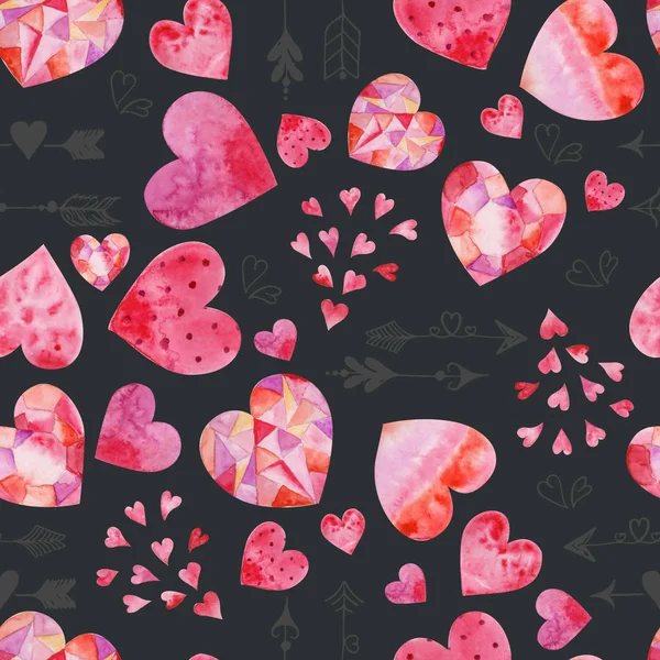 Acquerello San Valentino Modello Senza Soluzione Continuità Con Cuori Rosa — Foto Stock