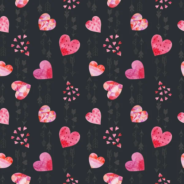 Akwarela Valentines Wzór Różowe Serca Strzałki — Zdjęcie stockowe