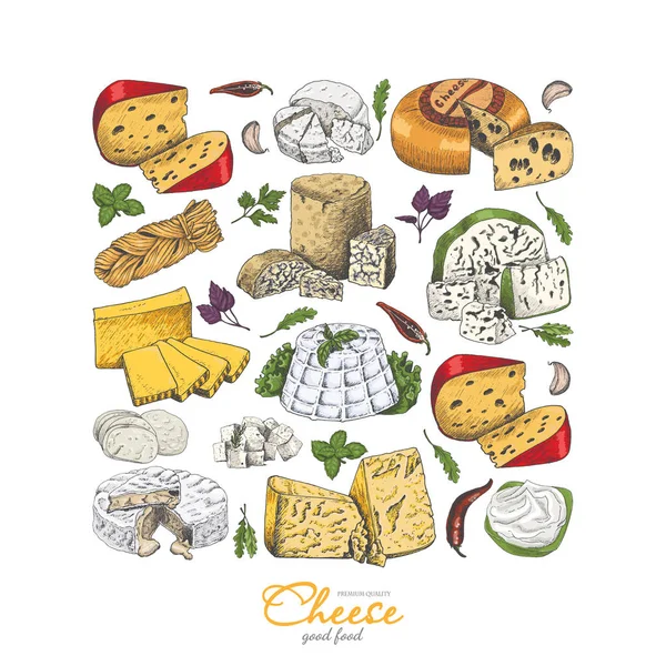 スケッチ スタイルのチーズとベクトルの背景 あなたのデザインのベクトル図 — ストックベクタ