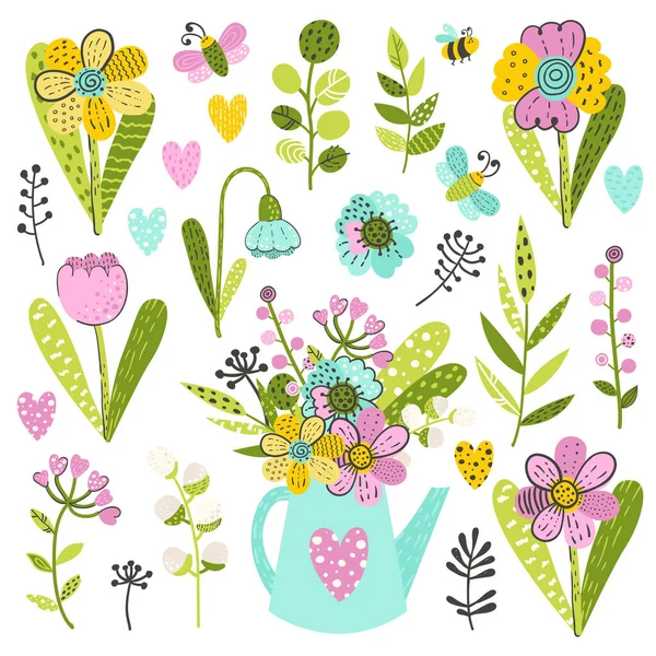 Conjunto de coloridas flores y hierbas — Archivo Imágenes Vectoriales