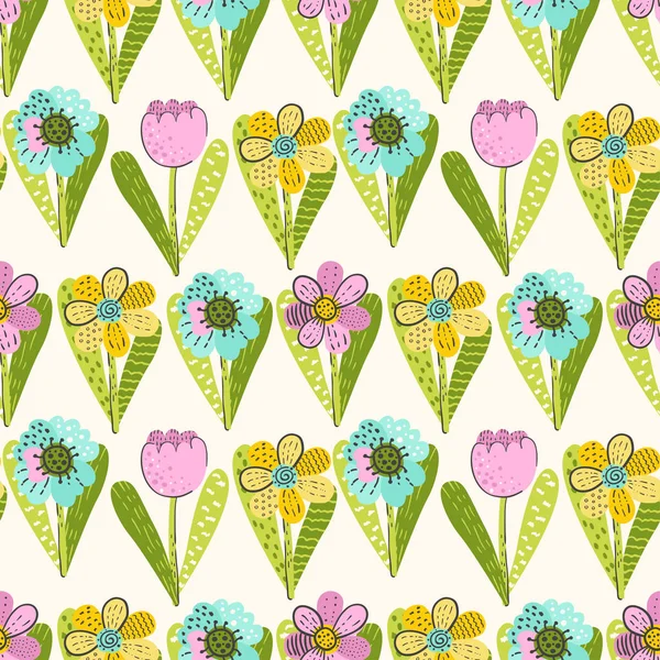 Nahtloses Muster mit bunten Blüten und Blättern — Stockvektor