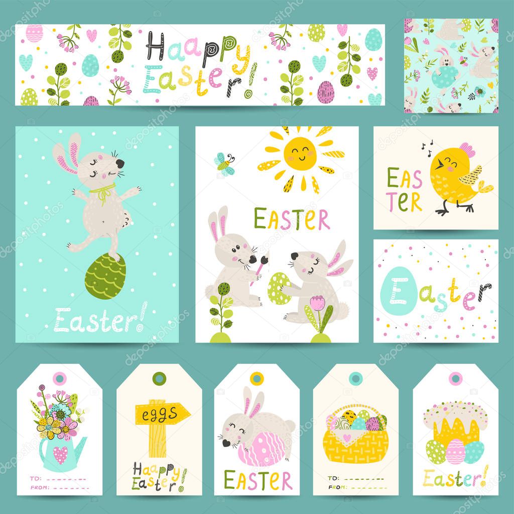 Set of Easter gift labels, cards with cartoon Easter bunnies, eggs, flowers