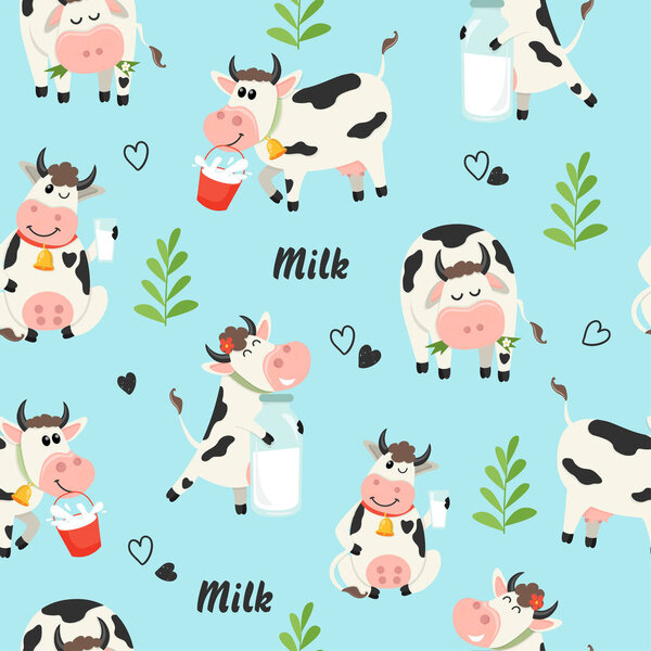 Seamless pattern with farm cows and milk bottle