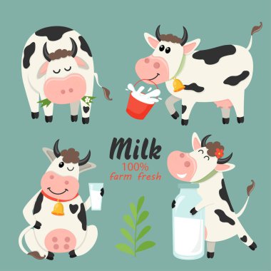 Süt şişesi ile çiftlik inekler seti