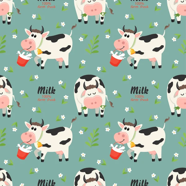 Seamless pattern with farm cows and milk bottle