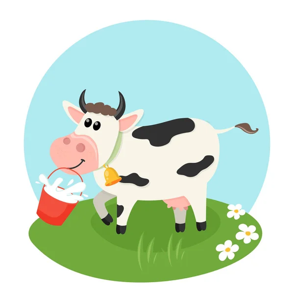 Vaca de granja con cubo de leche — Vector de stock