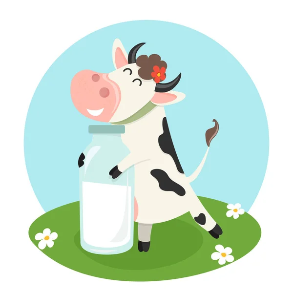 Vaca de granja con botella de leche — Vector de stock