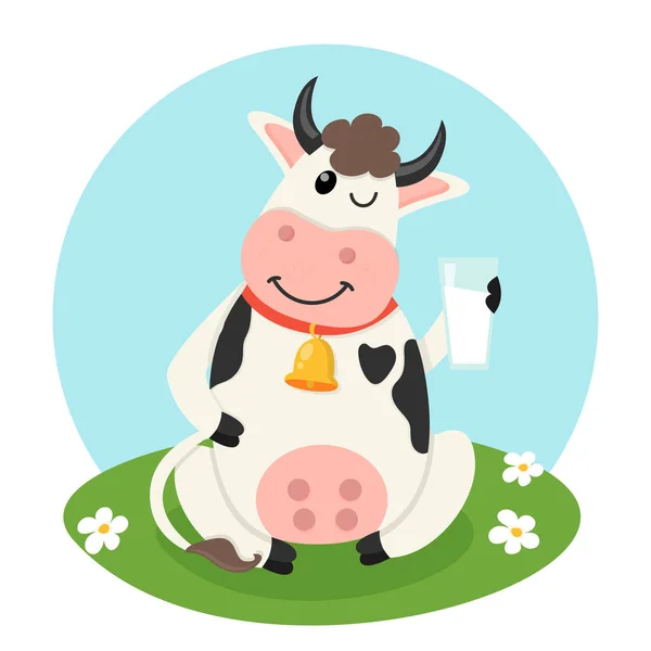 Vaca de granja con un vaso de leche — Vector de stock