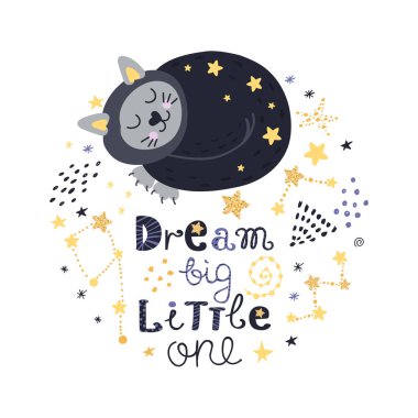 Kedi, yıldız ve yazı ile poster.