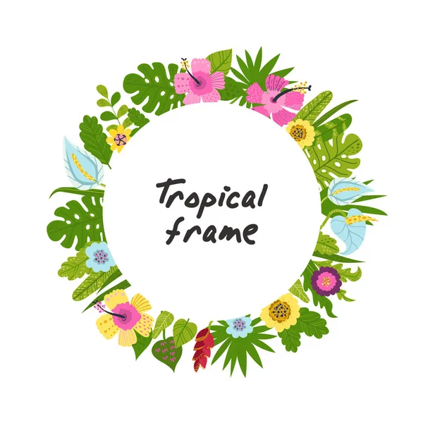 Tropischer Rahmen aus Blüten und Blättern — Stockvektor