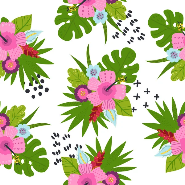 Seamless pattern with tropical leaves and flowers. — Stock Vector