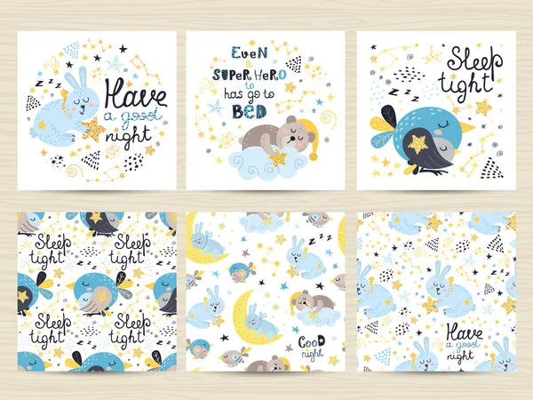 Conjunto de patrones y tarjetas sin costura para niños pequeños — Vector de stock