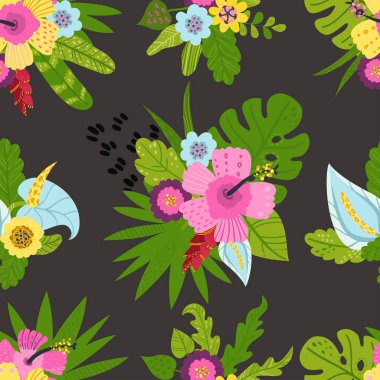 Tropik yapraklar ve çiçeklerle kusursuz desen.