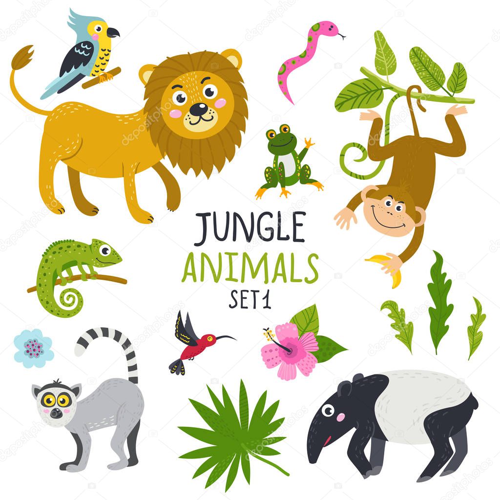Vector set of cute animals from jungle and plants