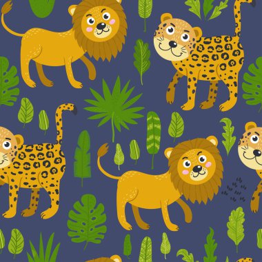 Ormandan sevimli aslanlar ve leoparlar ile dikişsiz desen