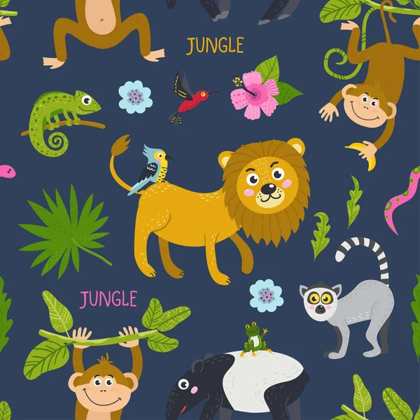 Nahtloses Muster mit niedlichen Tieren aus dem Dschungel — Stockvektor