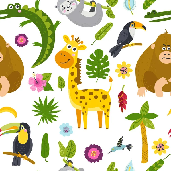 Nahtloses Muster mit niedlichen Tieren aus dem Dschungel. — Stockvektor