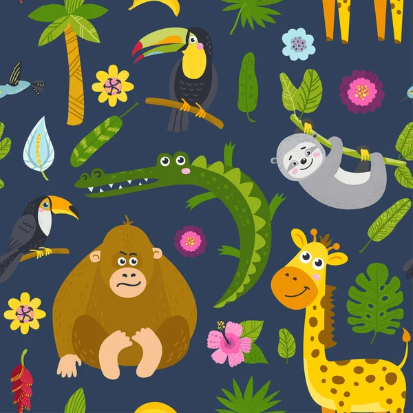 Seamless pattern with cute animals from the jungle. Vector Graphics