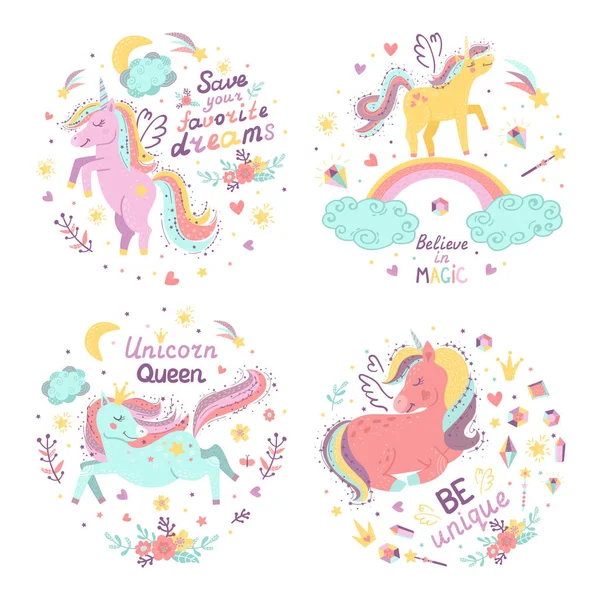 Conjunto de carteles de fantasía con lindos unicornios . — Vector de stock