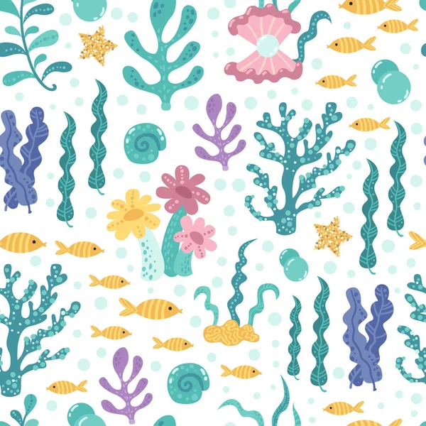 Modèle sans couture avec algues et poissons — Image vectorielle