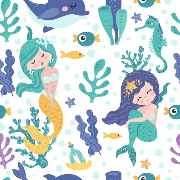 かわいい人魚、海藻や魚とシームレスなパターン — ストックベクタ
