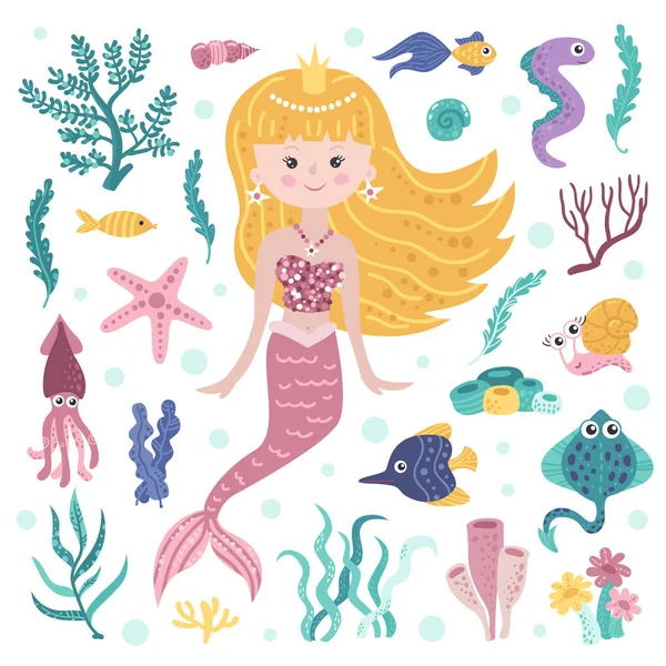 Set of cute mermaid, seaweeds and marine inhabitants — Stock Vector