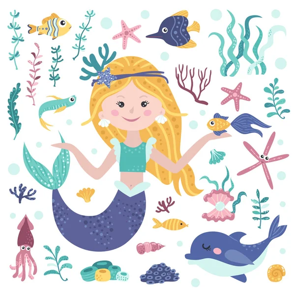 Set of cute mermaid, seaweeds and marine inhabitants — Stock Vector