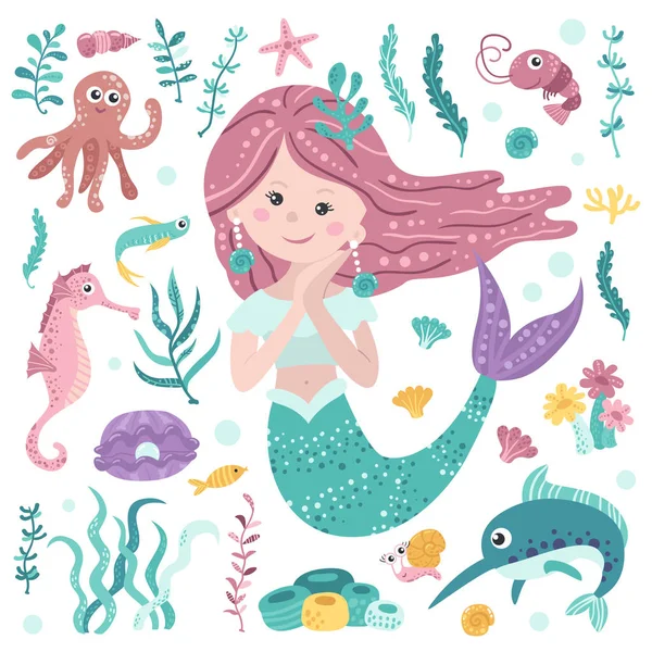 Set of cute mermaid, seaweeds and marine inhabitants — Stock Vector