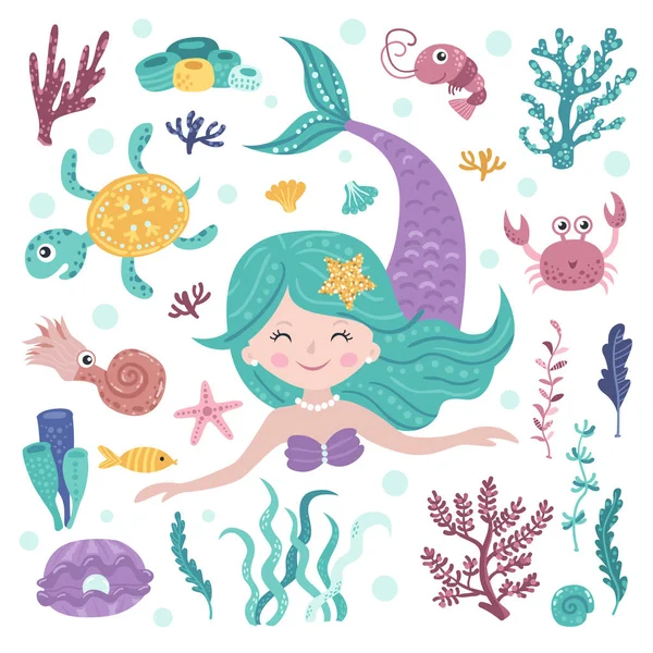Set of cute mermaid, seaweeds and marine inhabitants — Stock Vector