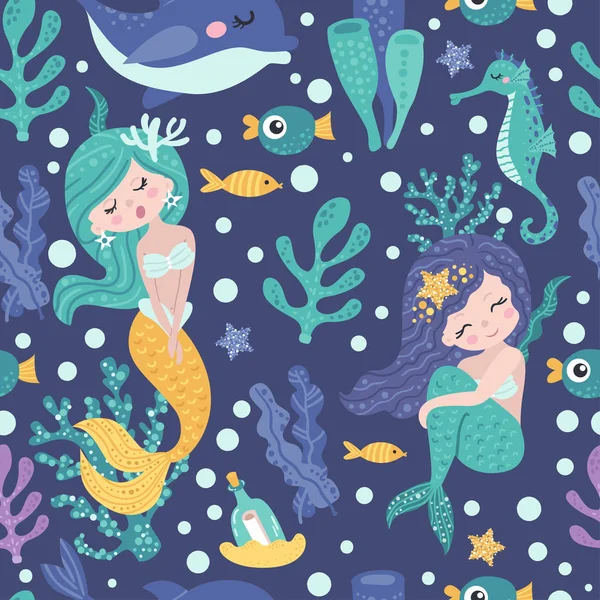 Seamless pattern with cute mermaids, seaweed and fishes — Stock Vector