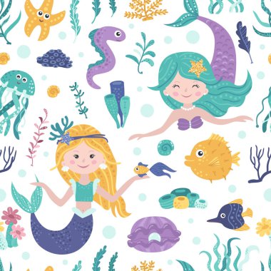 Sevimli denizkızları, yosun ve balıklar ile Dikişsiz desen