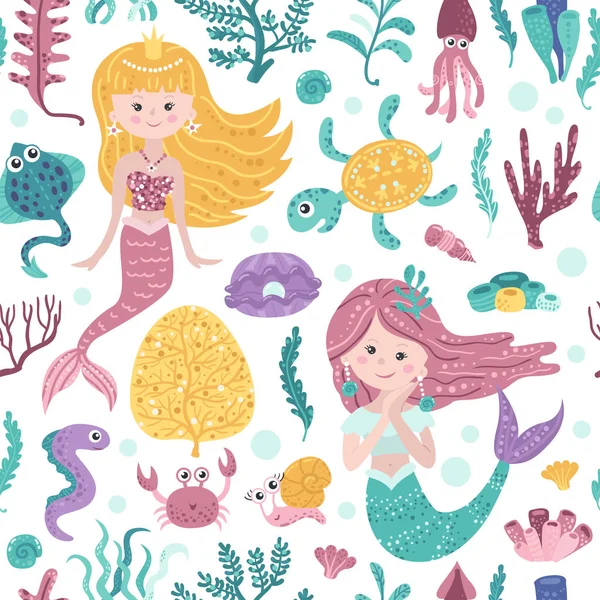 Zökkenőmentes mintázat aranyos mermaids, alga és halak — Stock Vector