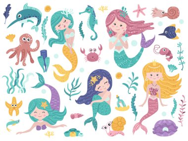 Sevimli denizkızları ve deniz doğa seti.