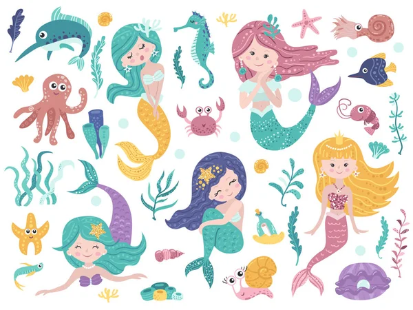 Sevimli denizkızları ve deniz doğa seti.