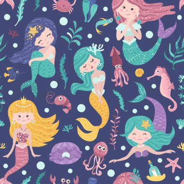 Sevimli denizkızları, yosun ve balıklar ile Dikişsiz desen