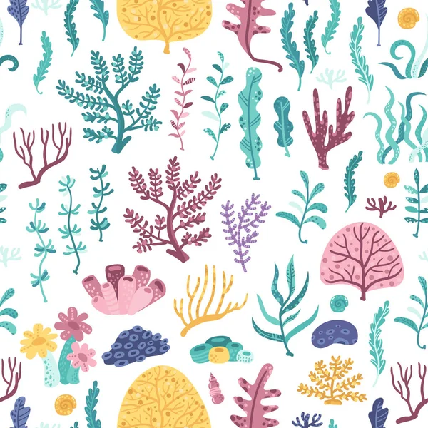 Seamless pattern with seaweeds and corals — Stock Vector